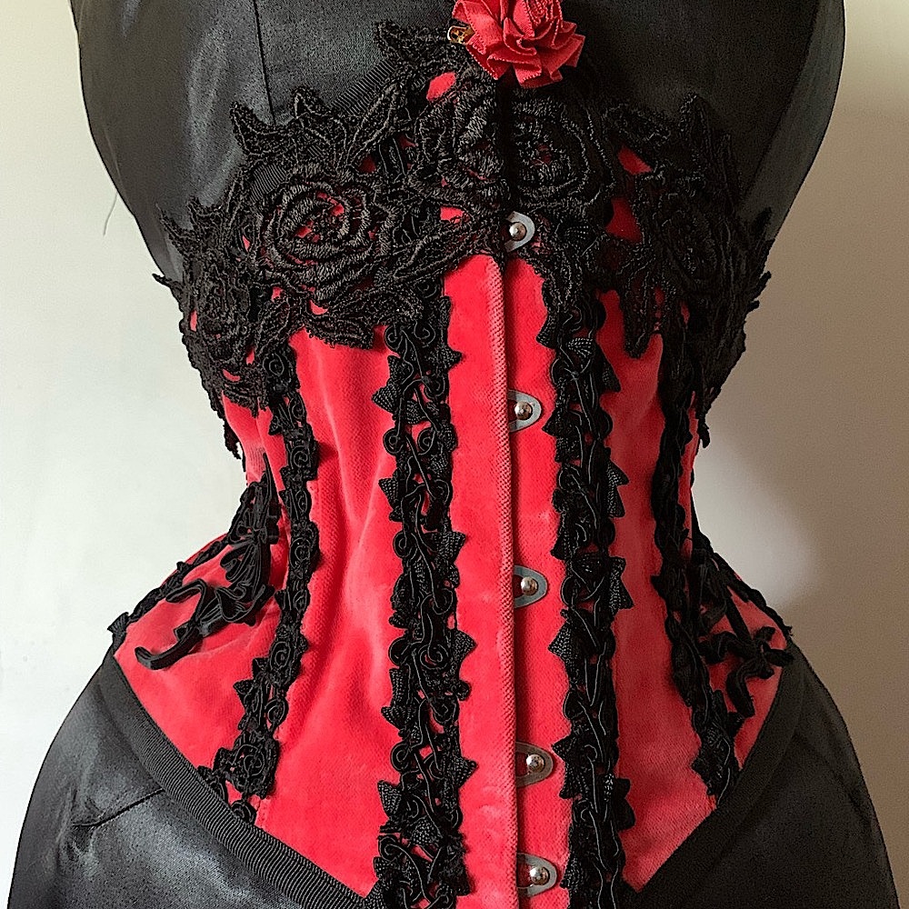 SAMPLE SALE Rose Velvet Victorian Corset w/ Antique Lace Waist to 29”